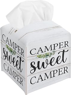 Camper Sweet Camper Tissue Box Cover, Rustic Camping Decor, Square Decorative Tissue Box Holder, Camping Gifts for Women Men, Leather Toilet Paper Cover for Tabletop Bathroom RV Decor-A37