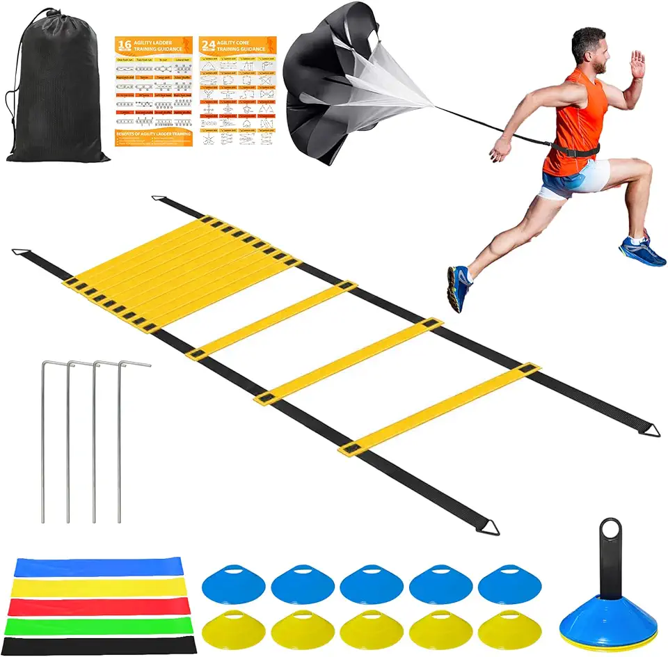 Speed Agility Training Equipment Set - 20ft Agility Ladder, 10 Disc Cones, Resistance Parachute, 5 Resistance Bands &amp; Carry Bag | Football Soccer Basketball Fitness Drills for Kids Adults product image