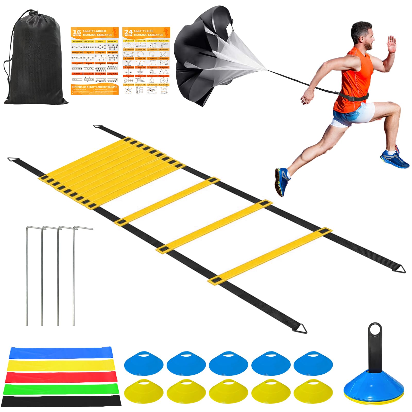 Panykoo Speed Agility Training Equipment Set - 20ft Agility Ladder, 10 Disc Cones, Resistance Parachute, 5 Resistance Bands & Carry Bag | Football