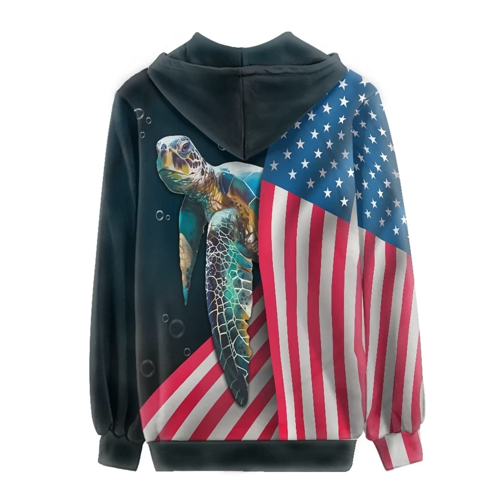 HUIACONG Bluza z kapturem zapinana na zamek błyskawiczny damska bluza z kapturem rozmiar XS-5XL nastolatki sweter, Żółw z flagą amerykańską, M