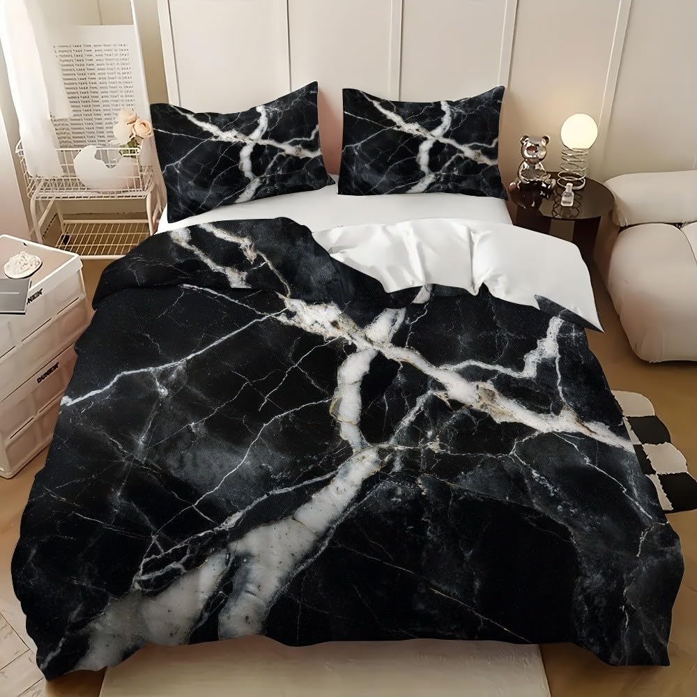 Housse de Couette 260x240 en Microfibres Douces Motif Marbre Fissuré
