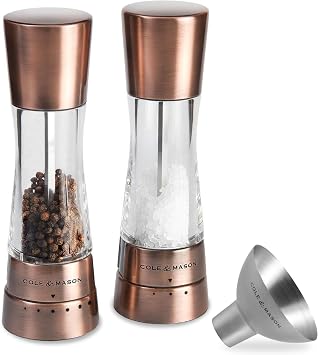 Cole & Mason Derwent Salt & Pepper Grinder Set - Salt & Pepper Grinder Set with Adjustable Grind Settings - Easily Refillable Spice Mills for Enhanced Taste - Copper with Stainless Steel Funnel