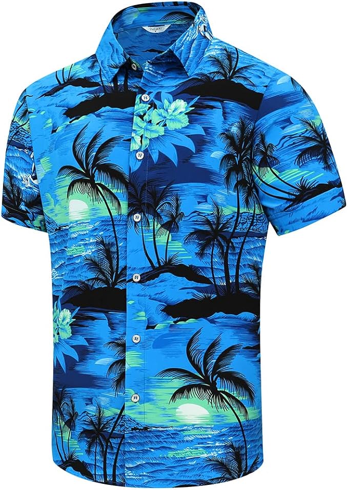 SheLucki Hawaiian Shirt for Men, Unisex Summer Beach Casual Short Sleeve Button Down Shirts, Printed Palmshadow Clothing