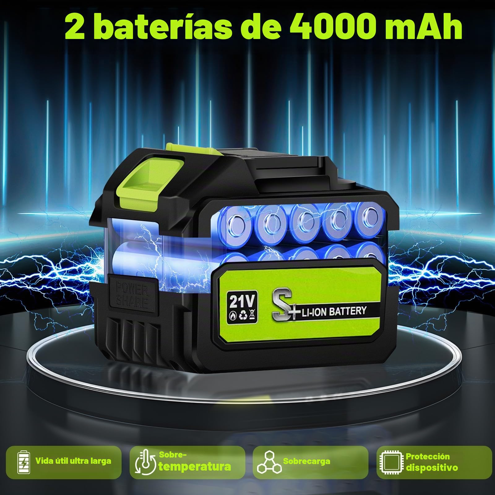 Soplador de Hojas, Soplador Turbo Jet, Soplador de Aire Potente con 2 Baterías 800000 RPM, Ideal para Jardín, Coche, Patio, Nieve y Camping, Verde