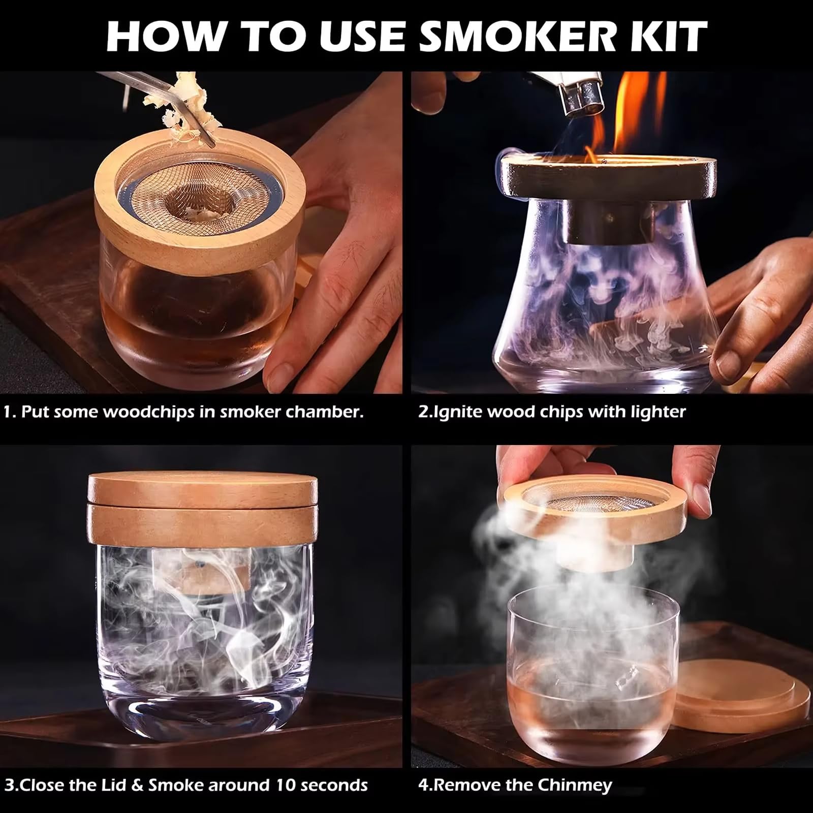Whiskey Smoker Kit mit 4 Holzchips, Altmodisches Whiskey-Getränke-Smoker-Set, Rauchige Wein Whiskey Cocktails, Geschenk für Vater, Ehemann und Cocktail-Liebhaber