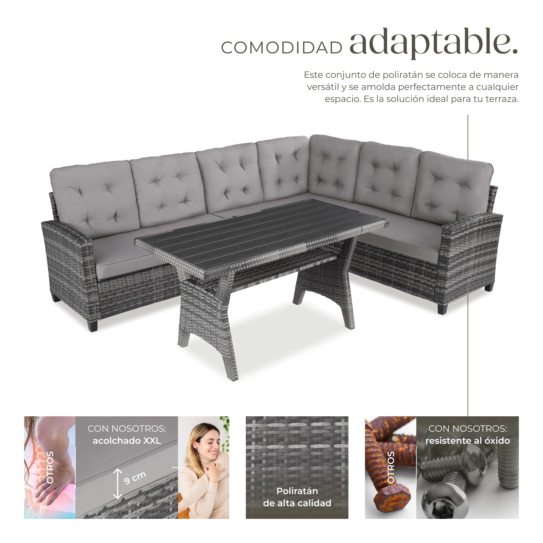 TecTake® Conjunto Jardín de Ratán Combinable con Cojines 9 cm, Conjunto Terraza Resistente a la Intemperie, Muebles Jardín Exterior 2 Sofás, 1 Sofá Esquinero, 1 Mesa con Pies Ajustables - Gris