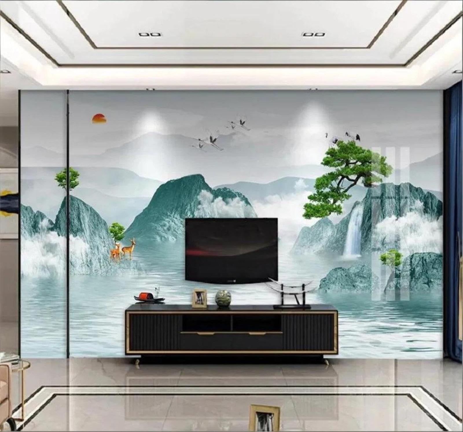 Tzxztt Fresh Hand Drawn Ink Wash Landscape Reindeer Scenery Modern 3D Wallpaper Premium Textured Silk Neutral Tones Material Ideal for Living Room Bedroom-200cm×140cm