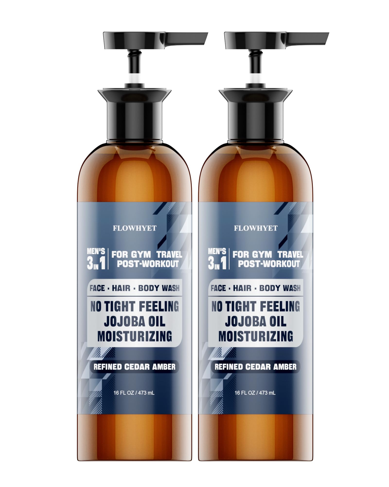 Men's 3-in-1 Face Wash, Body Wash and Shampoo for Gym, Travel & Post-Workout Showers, Space-Saving Travel-Friendly Design, Easy Rinse Shower Gel with Jojoba Oil, Cedar Amber Scent, 16 oz (Pack of 2)