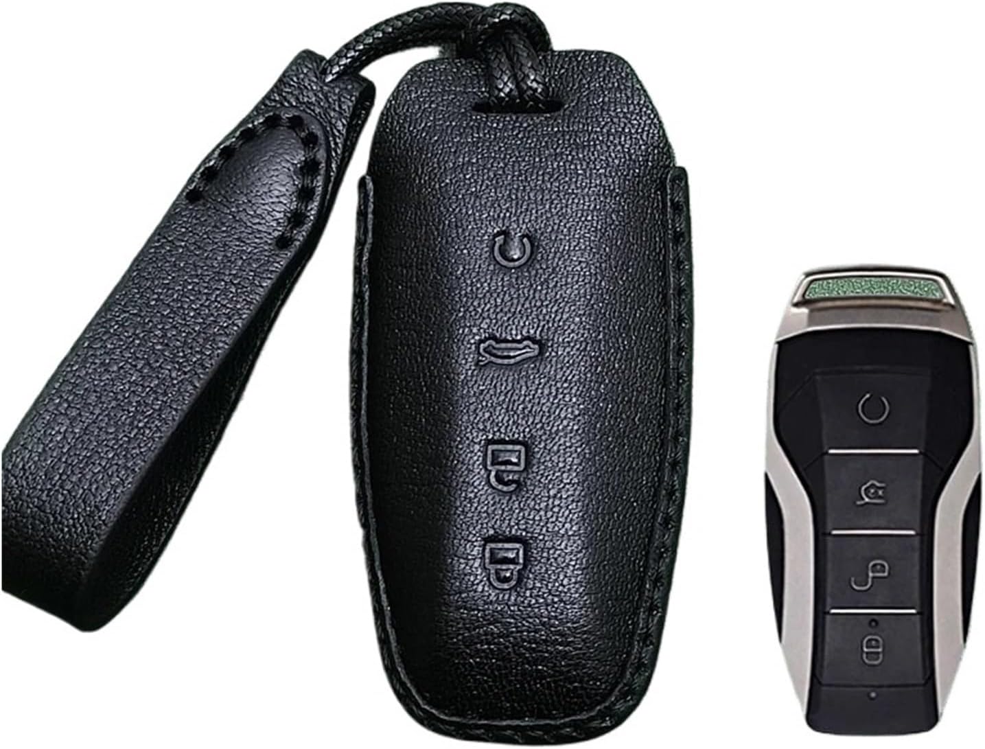 シンプルなスタイルのブラックヤギ革製車用リモートキーケースカバー。BYD Song Plus Pro Max対応。エレガントで優雅な