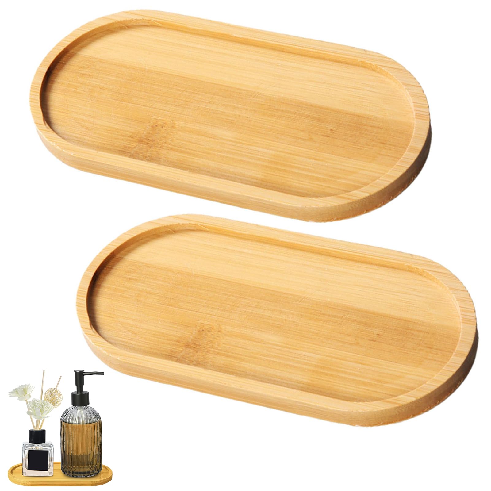 Bamboo Soap Dishes Dispensers 2pcs Bathroom Oval Countertop Tray & Dispenser Tray Kitchen Holders Bamboo Tea Serving Trays Dresser Jewelry Ring Dish Trays for Tea, Fruit, Snacks, Cakes Home Decor