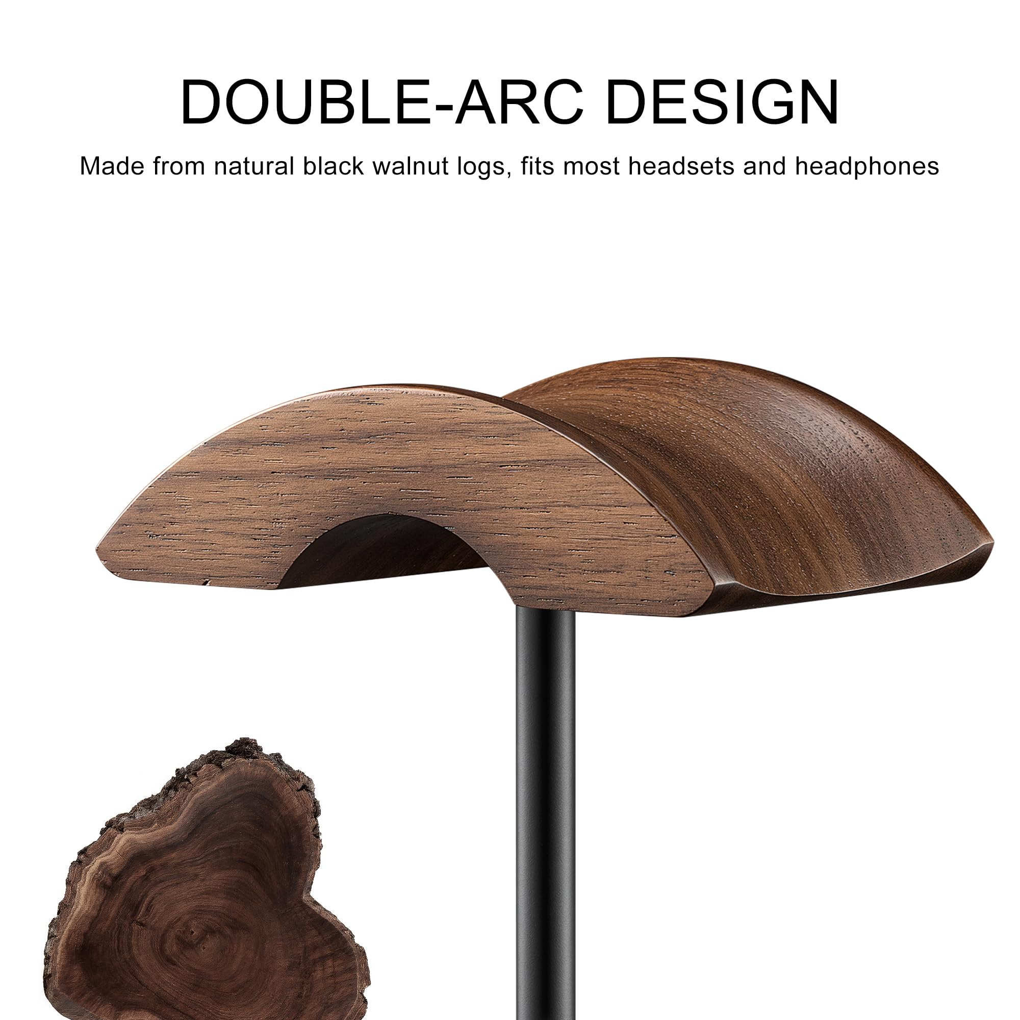 Supporto per Cuffie, Porta Cuffie Legno di Noce e Alluminio, Stand Headset da Gaming Noce Naturale con Base Solida, Adatto a Cuffie di Tutte le Dimensioni (Nero)