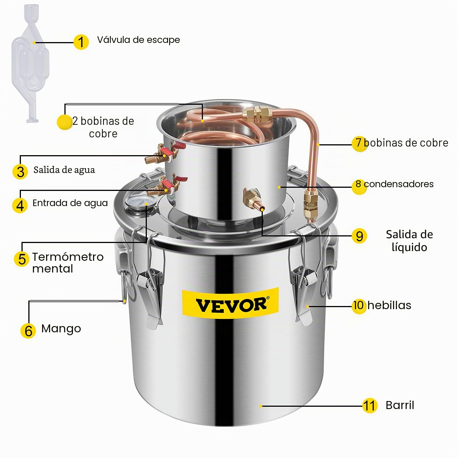 VEVOR Destilador de Agua 21L con Termómetro, Purificador y Filtro Portátil, Acero Inoxidable 4,7 kg
