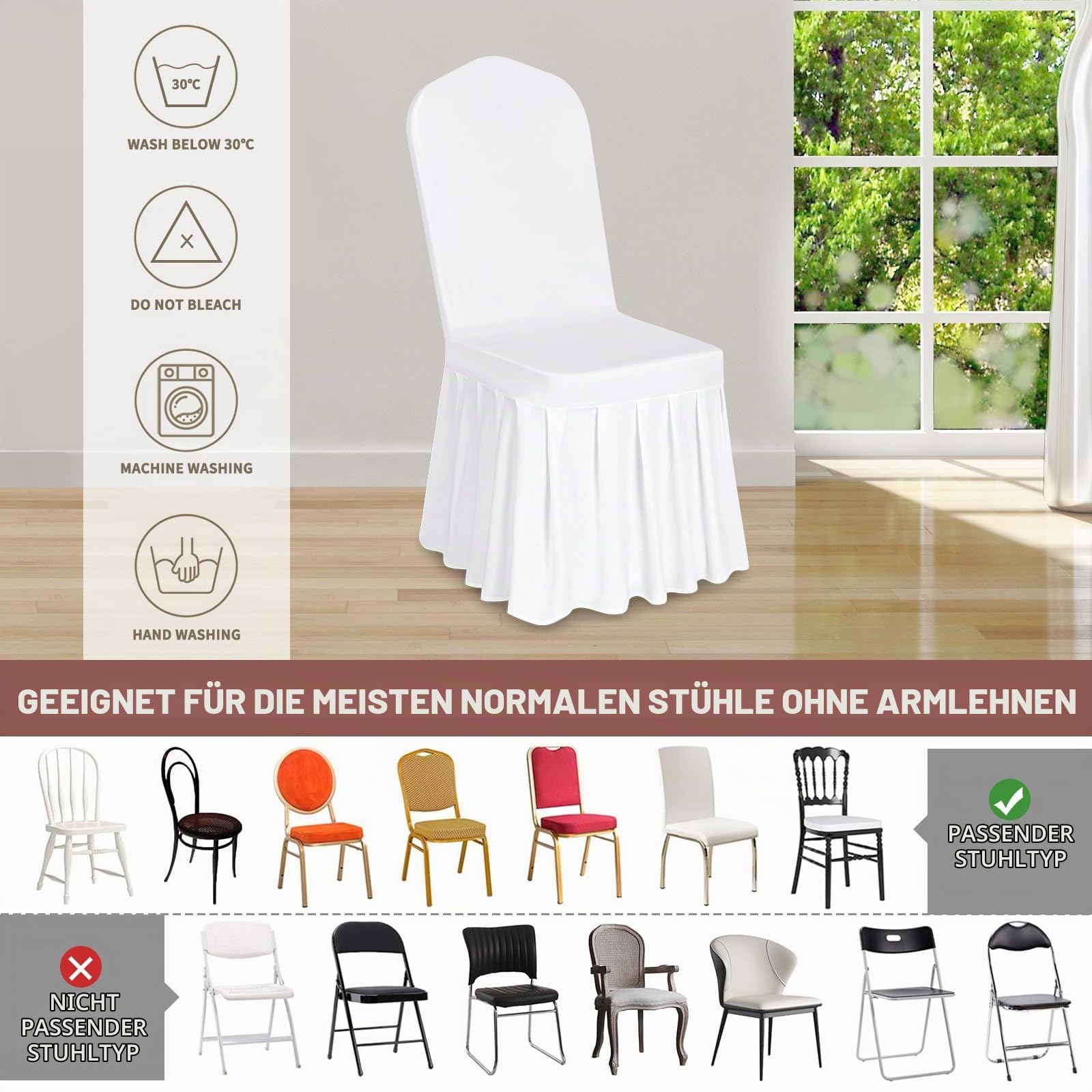 Showgeous 20 Stück Stuhlhussen Weiß Polyester Spandex Lycra Stretch Stuhlhussen mit Rock,Esszimmer Hochzeit Stuhlhussen Universelle Waschbare Stuhlhussen für Hochzeitsfeier Bankett Dekoration