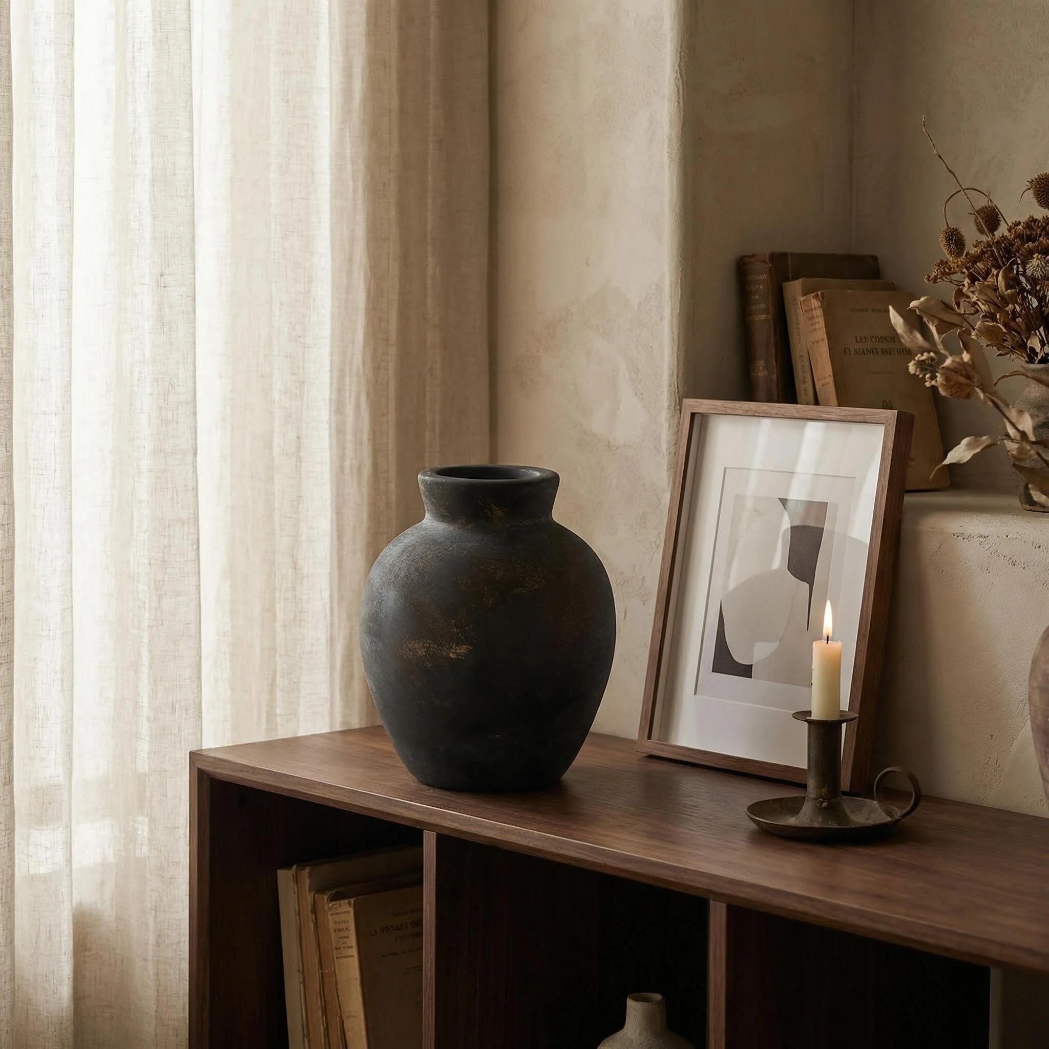 Rustic Terracotta Pot, Bronze Ceramic Flower Vase 6.1 Inch, Farmhouse Boho Centerpiece for Home Decor, Living Room, Table, Shelf, Mantel & Bathroom - 5