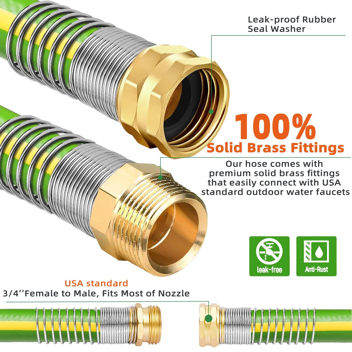 Tubo da giardino da 45,7 m, con tecnologia a prova di perdite, con raccordi in ottone massiccio da 1,9 cm, tessuto extra resistente, flessibile, antipiega e non si aggroviglia, non si attorciglia, non