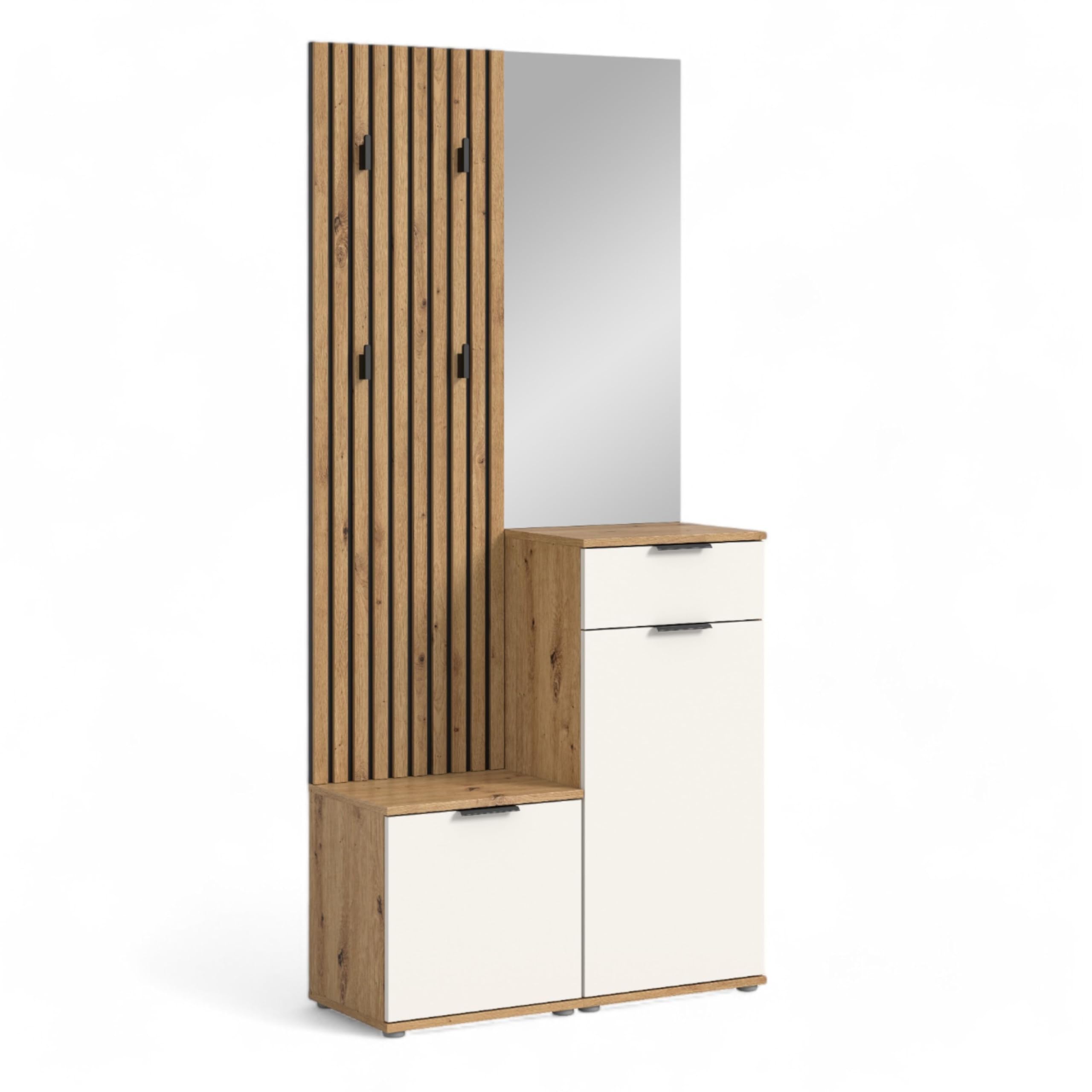 Stella Trading Simple Flurgarderoben Set in Artisan Eiche Optik, Weiß – kompakte Garderobe mit Spiegel (88 x 195 x 35 cm)
