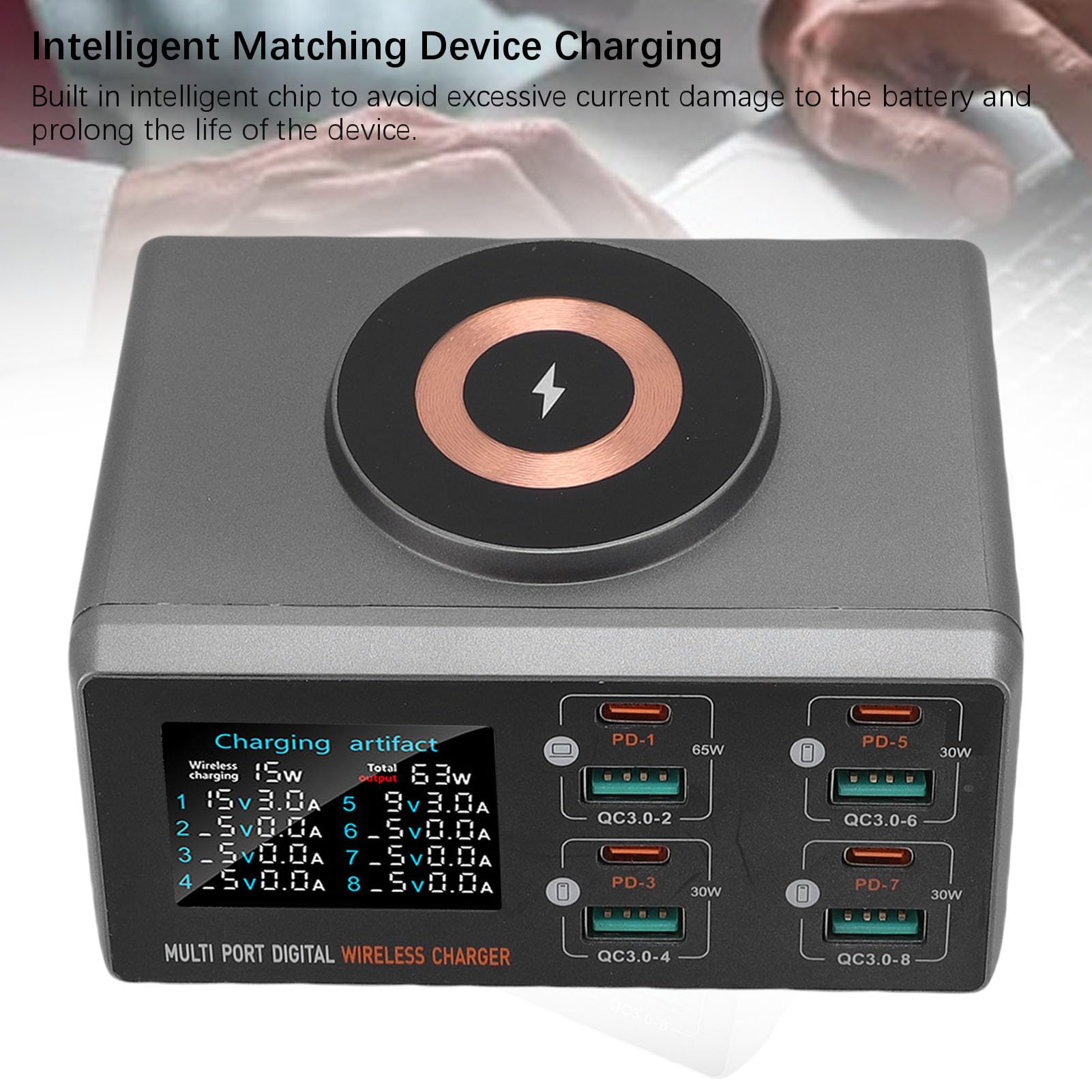 Ładowarka Komputerowa, ładowarka USB, ładowarka Bezprzewodowa, Kolorowy Ekran LCD PD Multi Port Ładowanie z 15W Magnetycznym ładowaniem Bezprzewodowym (wtyczka UE)