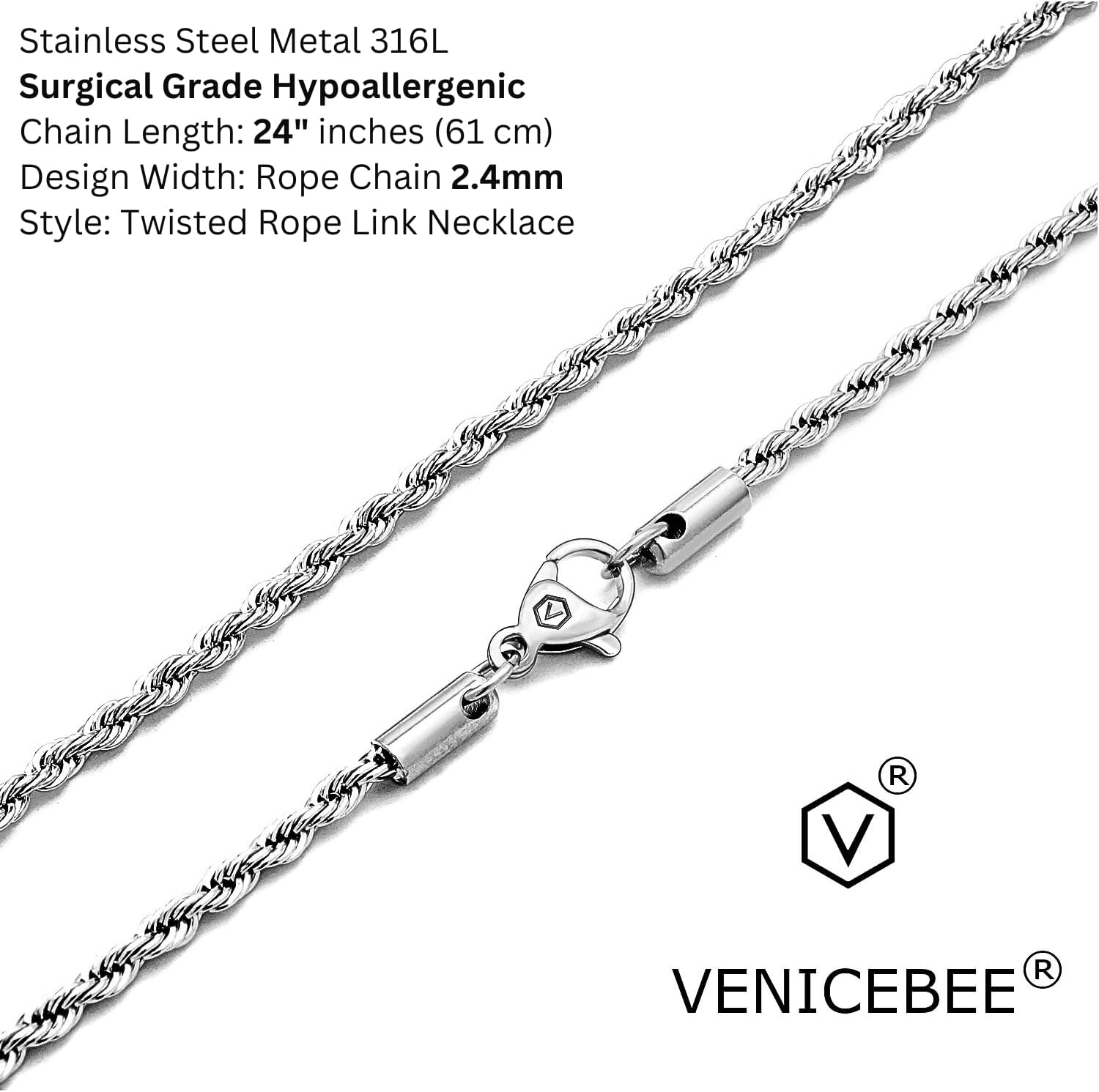 VENICEBEE® Rope Chain 24" Stainless Steel Medical Grade 316L Surgical Metal Twisted Rope Link Necklace 24" INCHES 2.4MM Wide Chain 24 inch + Pouch - HYPOALLERGENIC LEAD-FREE METAL - Image 2