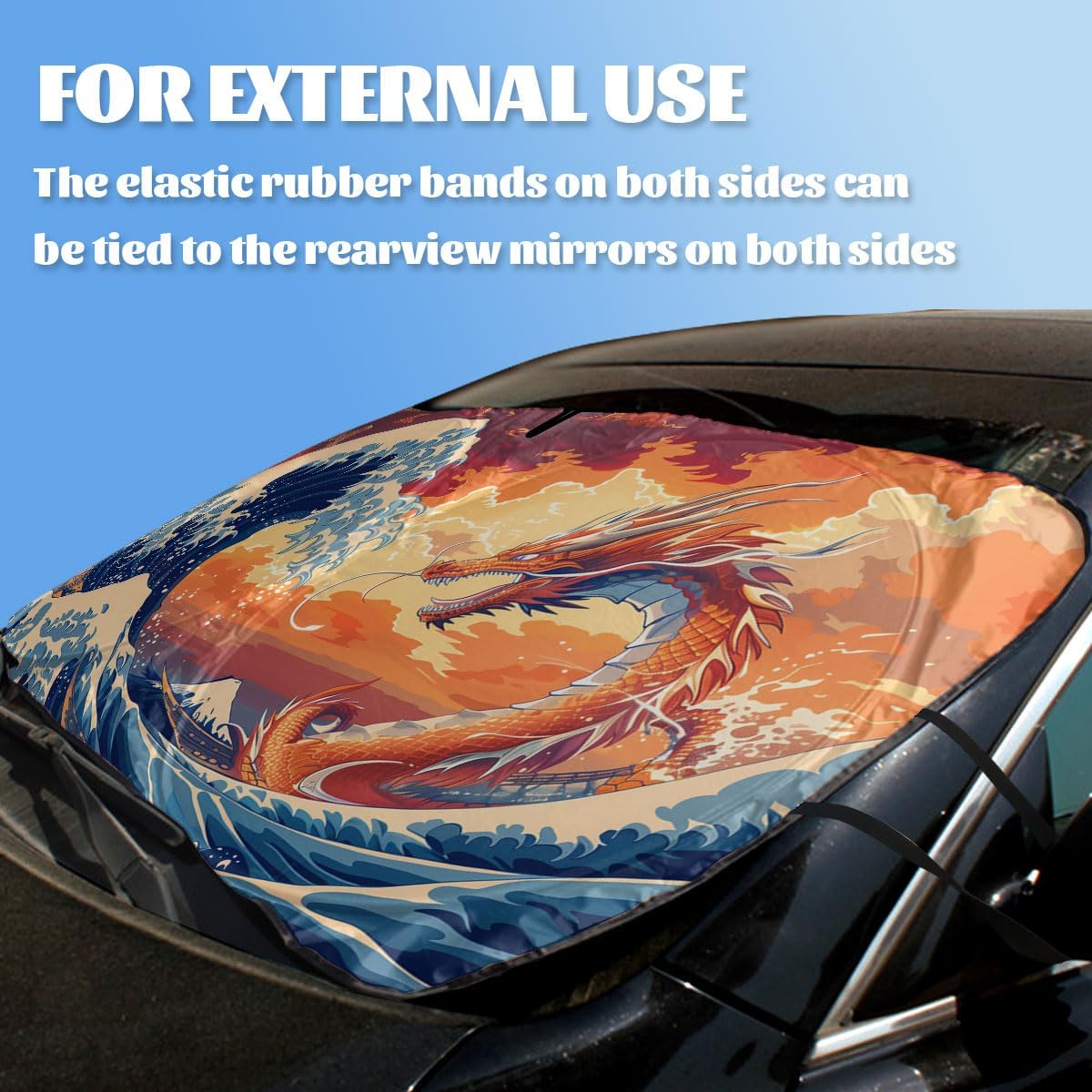 Dragon Car Windshield Sunshades Japanese Wave Red Loong Anime Heatshield Front Window Car Sun ​Shade Windshield Blocks UV Rays Sun Visor Protector for Car Sedan Truck SUV Accessories 59x31.5 Inch image 3