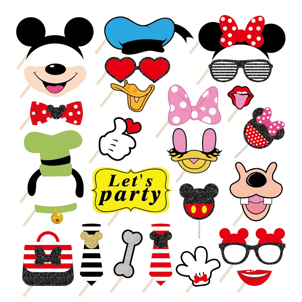 ZOOMPIL Mouse Photo Booth Props, 25 Pcs Cartoon Selfie Themed Props, with Stick, Mouse Birthday Party Supplies, Photography Background Decorations