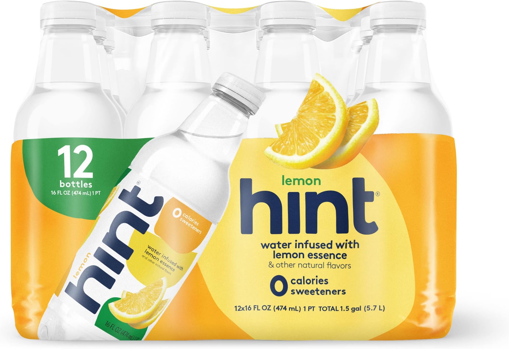 Hint Water Lemon, Pure Water Infused with Lemon, Zero Sugar, Zero Calories, Zero Sweeteners, Zero Preservatives, Zero Artificial Flavors, 16 Fl Oz (Pack of 12)