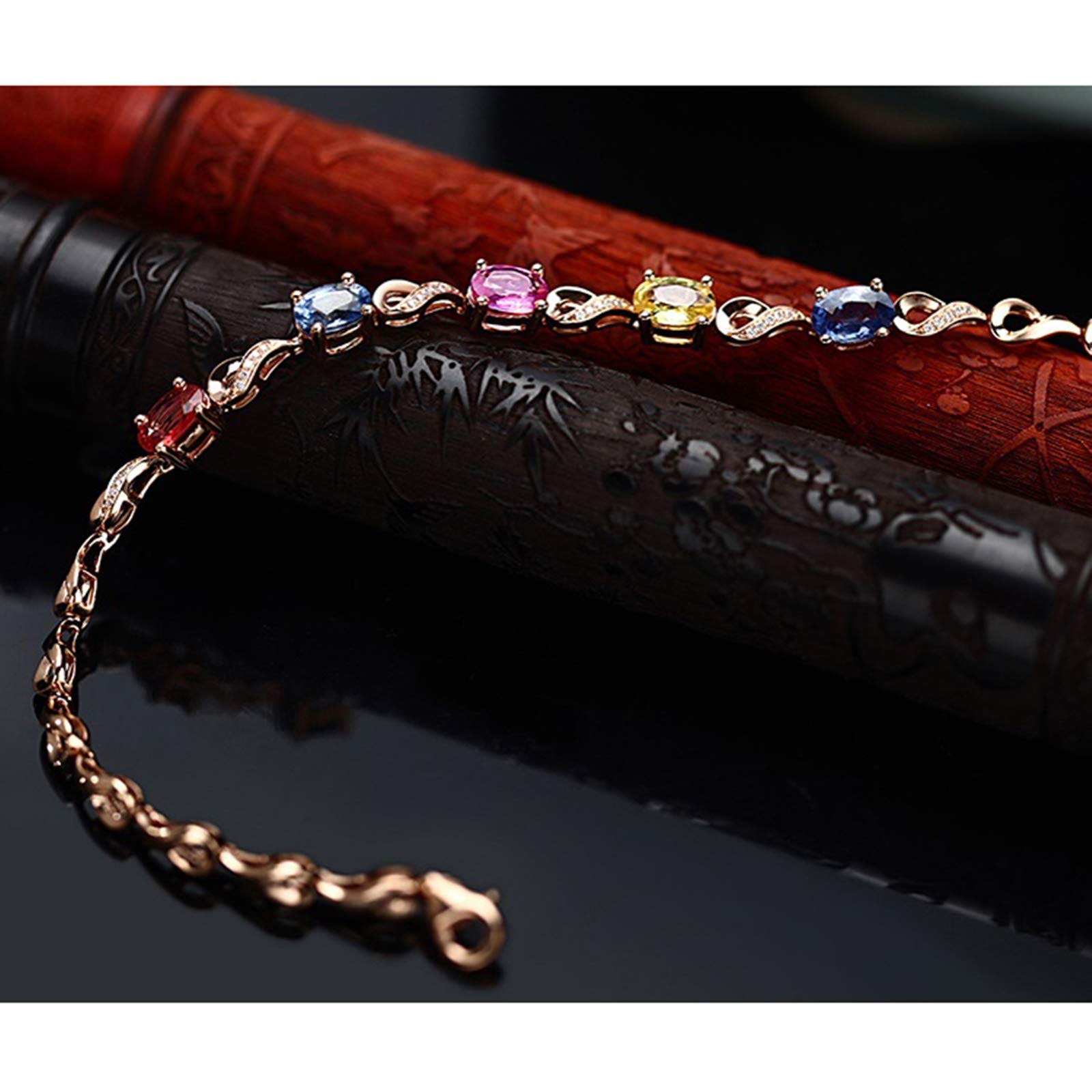ZH1YFD Pulsera de Zafiro Oro Rosa, Eslabón de Barra con Zafiro Multicolor 2.724ct Pulseras en Joyería de Mujer 16+3CM