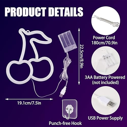Miniatura 2 de Letrero de neón de cereza, luces de neón de cerezas rojas y verdes, letreros de neón de cereza para decoración de pared, lindos letreros LED de