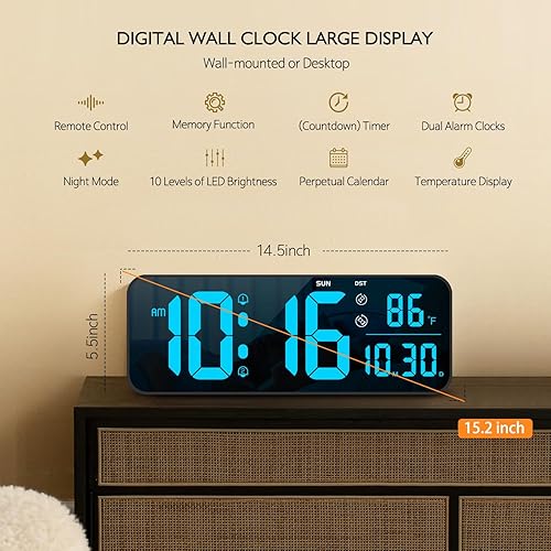 Miniatura 2 de Reloj de pared digital, pantalla LED grande de 15.2 pulgadas con control remoto, 2 despertadores, DST, atenuación automática, 1224 horas,