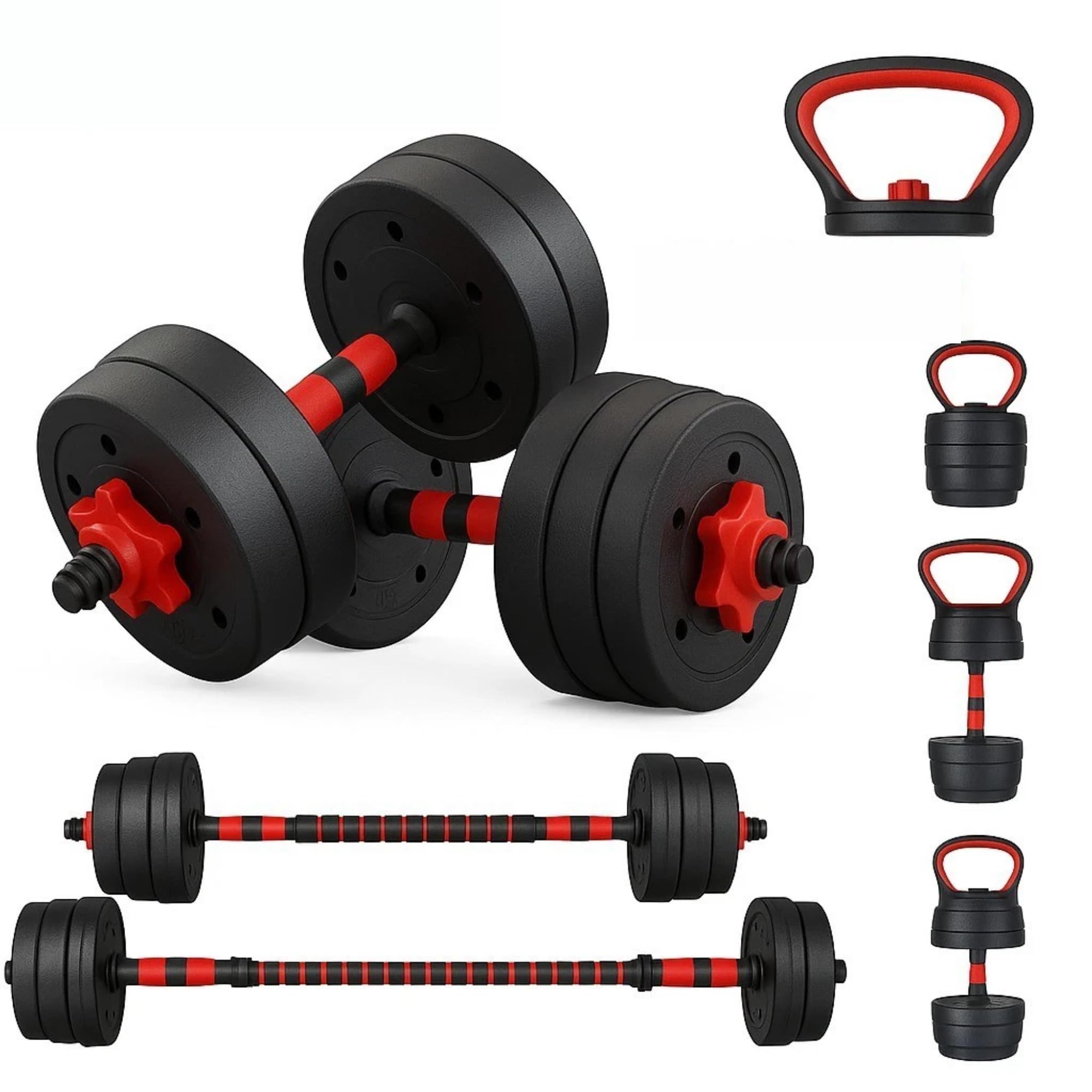 6-in-1 Adjustable Dumbbell, Barbell & Kettlebell Weights Set | 10kg to 50kg Weights | Customisable Strength Training for Home Gym & Fitness Workouts (20, Kilograms)