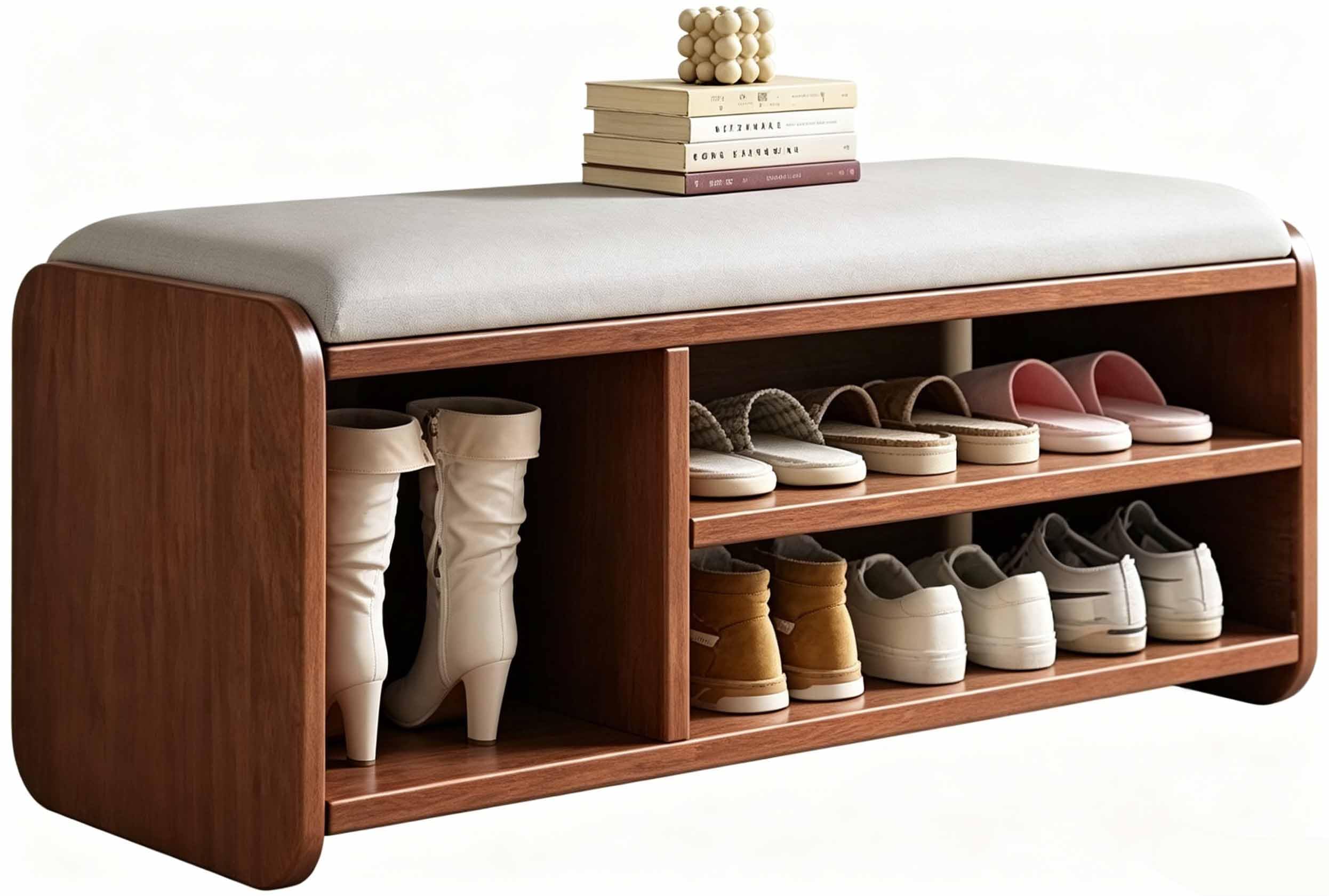 Banc à chaussures haut de gamme en bois massif et assise rembourrée confortable