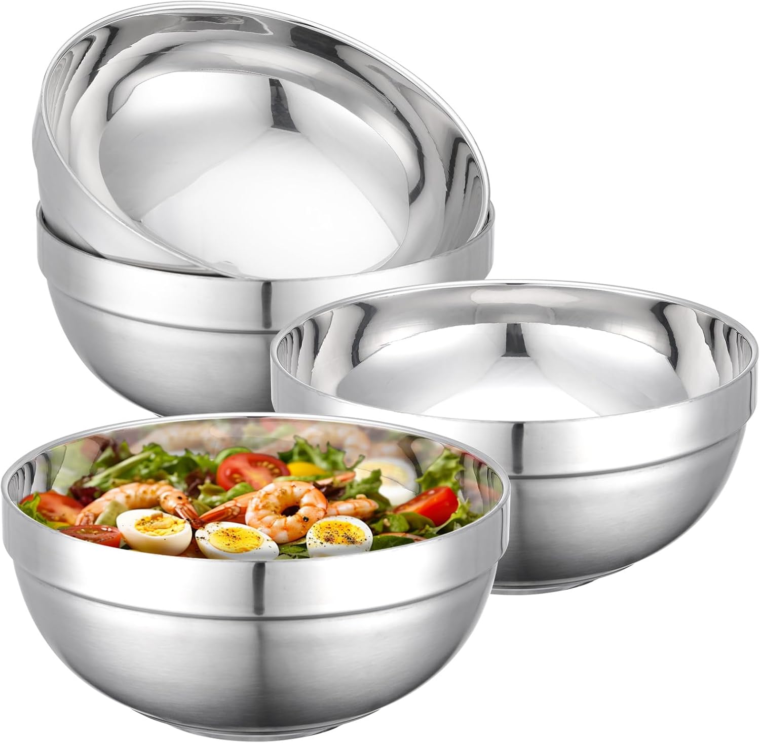 Stainless Steel Bowls, 4 Pack 7.8in 64.2oz 1900ml Large SUS304 Double Wall Insulated Stackable Metal Hot Soup Bowl Containers for Dishes Serving Cereal Snacks Ice Cream Food Rice Salad