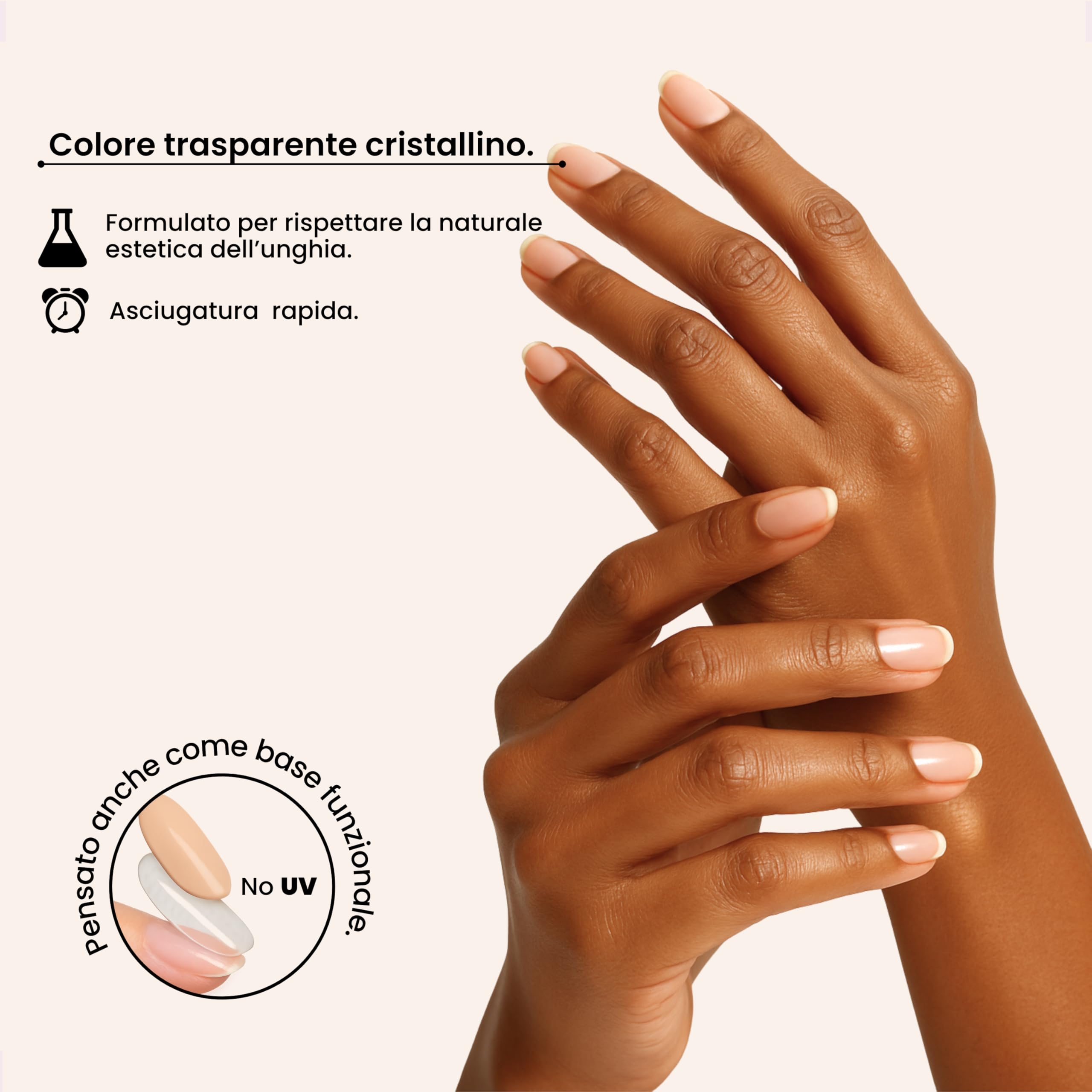 Smalto indurente rinforzante unghie fragili e sfaldate. Matrice strutturale trasparente con 13 bioattivi ad azione mirata. Protezione e stabilità dopo gel o trattamenti.