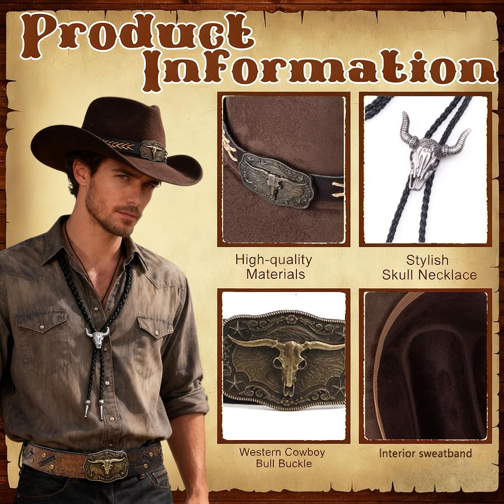Sombrero Cowboy Estilo Vaquero Leather Tie Necktie Cow Skull,Bandas de Sombrero de Vaquero,Ideal para Rodeo y Eventos Temáticos del Oeste, Fiestas, Halloween, Fotos y Festivales tematicos