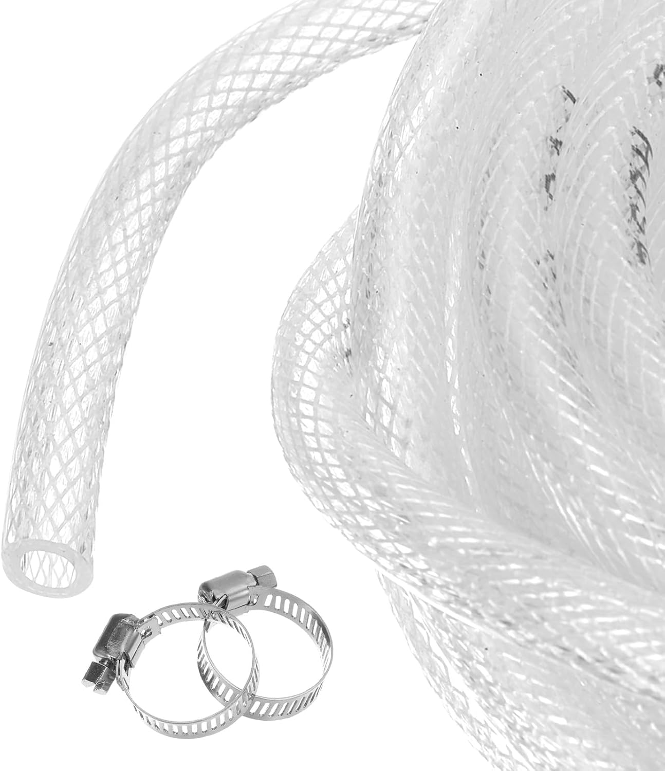 1/2" x 3/4" Braided Clear Plastic PVC Tubing 16ft High Pressure Flexible Reinforced Vinyl Tube, [for Garden Irrigation, Water Hose, Fish Tank] - 12.7x19mm / with 2Pcs Clamps