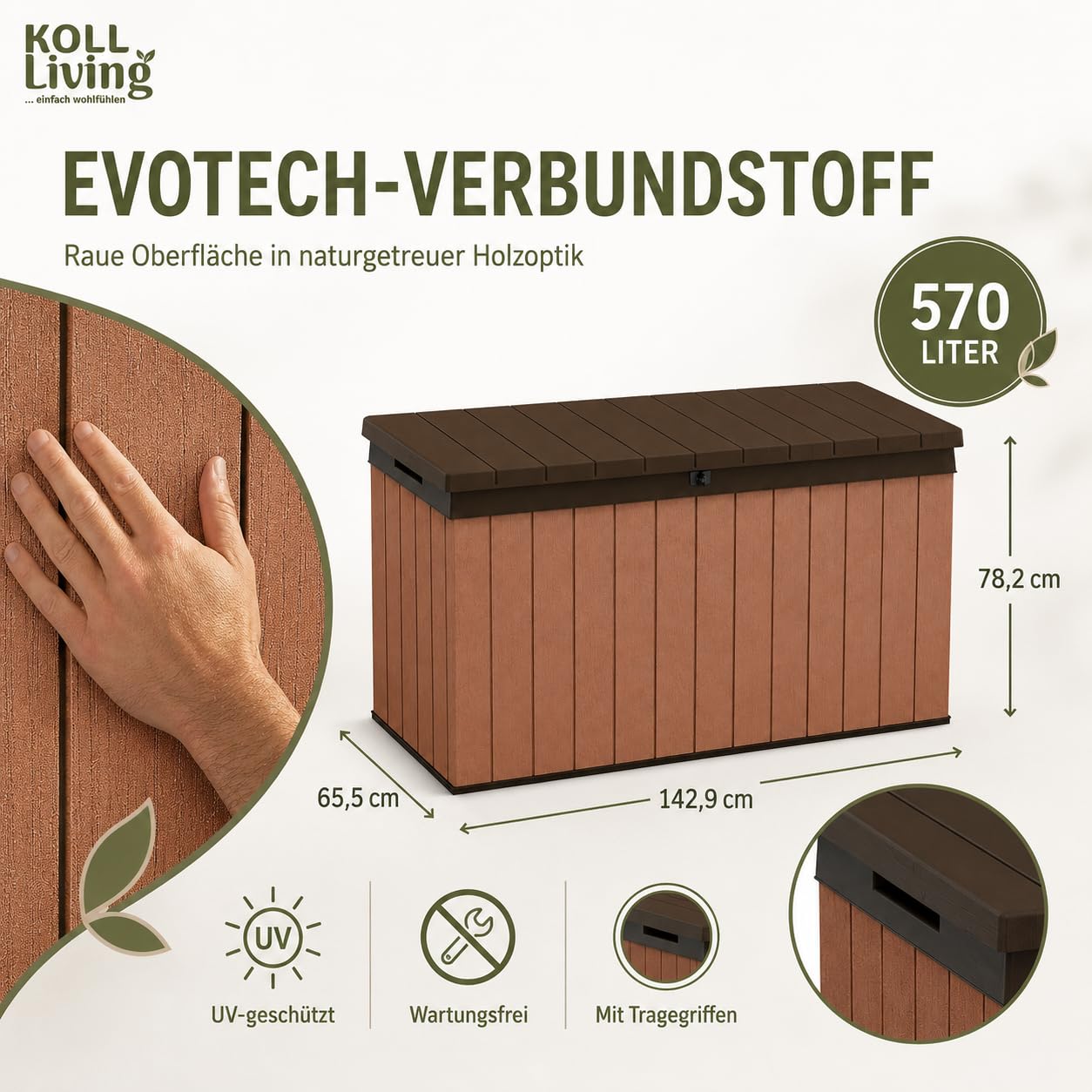Koll Living Auflagenbox/Kissenbox Darwin l 100% Wasserdicht l mit Belüftung dadurch kein übler Geruch/Schimmel l Moderne Holzoptik l Deckel belastbar bis 300 KG (2 Personen) (Braun, 570 Liter)