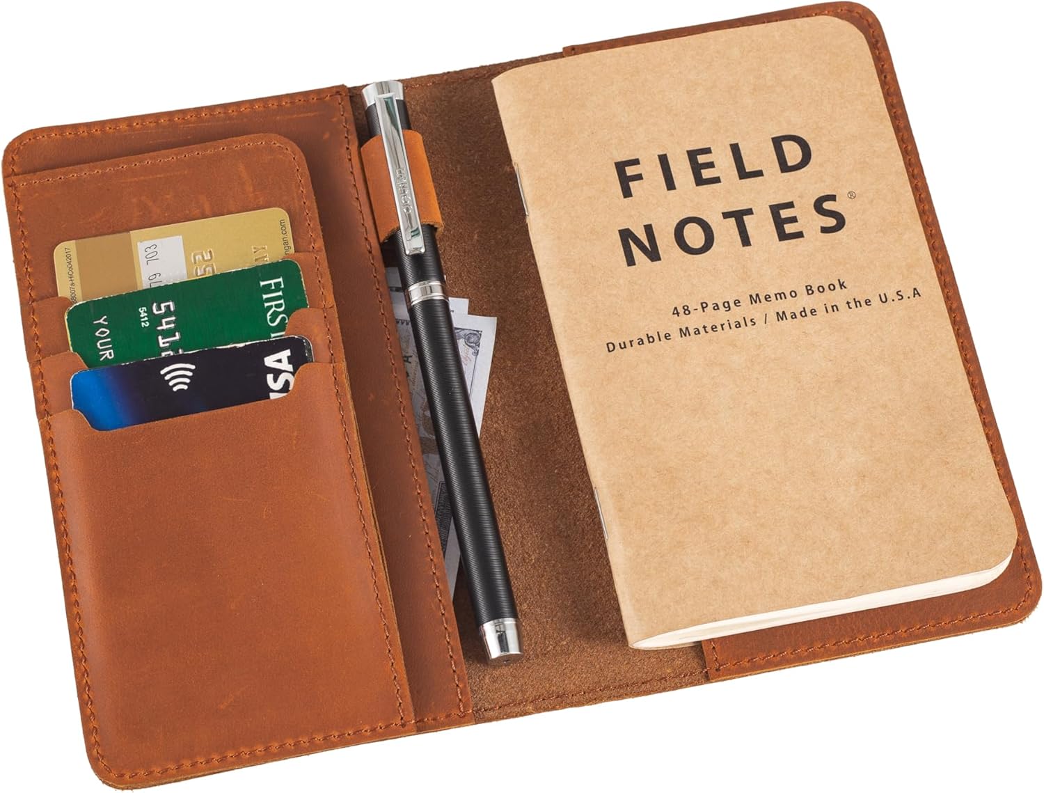 D Genuine Leather Cover for Field Notes Moleskine Cahier Handmade Travel Journal Cover with Pen Loop Pocket Size for 3.5" x 5.5" Notebooks (Caramel)