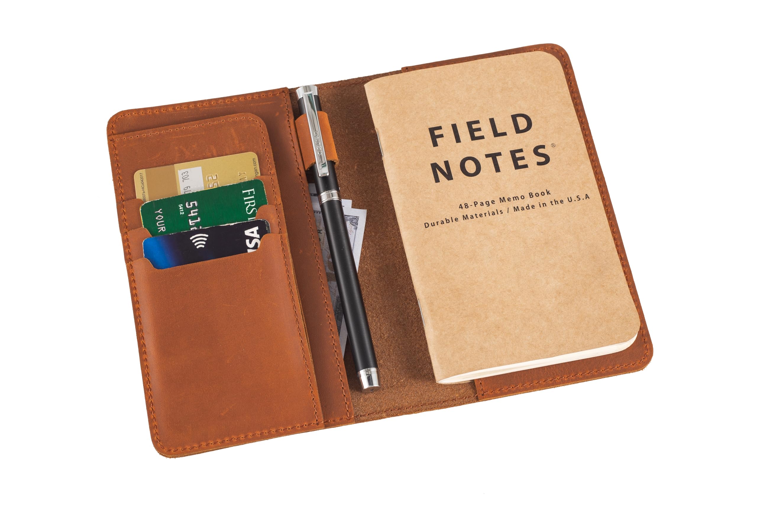 D Genuine Leather Cover for Field Notes Moleskine Cahier Handmade Travel Journal Cover with Pen Loop Pocket Size for 3.5" x 5.5" Notebooks (Caramel)