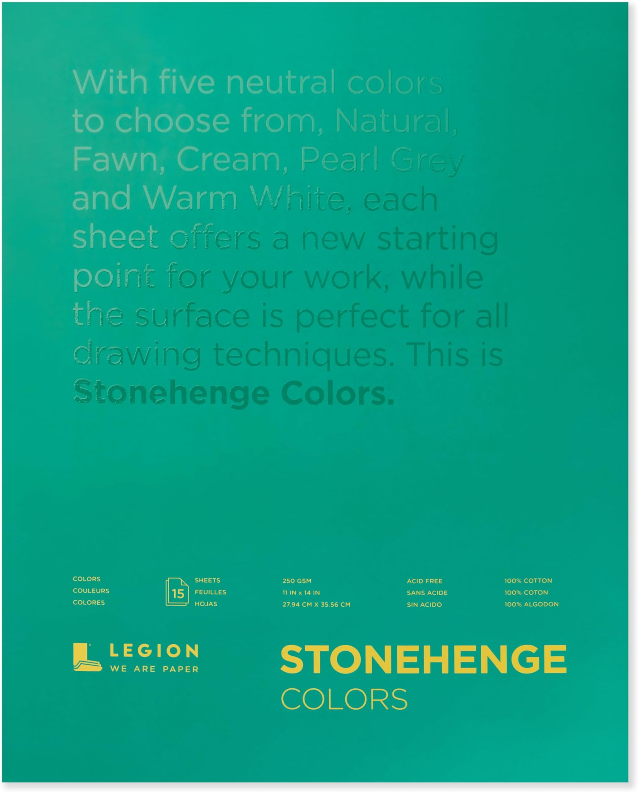 Stonehenge 100% Cotton Medium Weight Pad, Multi-Color (Warm White, Natural, Cream, Fawn, Pearl Grey), 11 x 14 inches, 250gsm, 15 Sheets for Dry Media