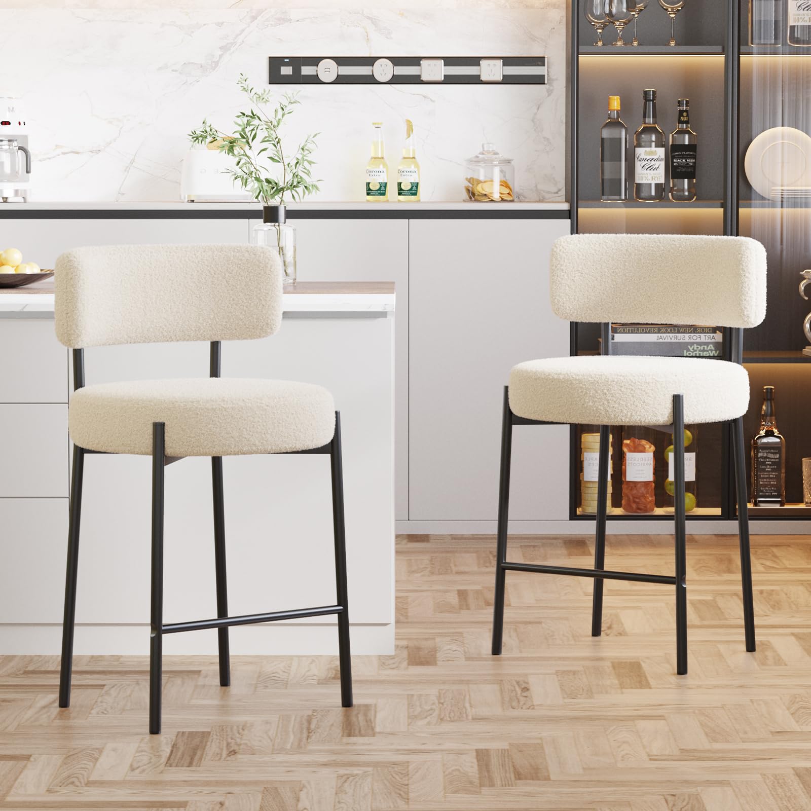 Lot de 2 Tabouret de Bar, Chaise de Bar, Chaise de Cuisine Hauteur 63.5cm, Tabourets de Comptoir, Tabouret de Bistrot, Siège Rembourré avec Dossier, Repose-Pieds pour Cuisine, Bar, Blanc
