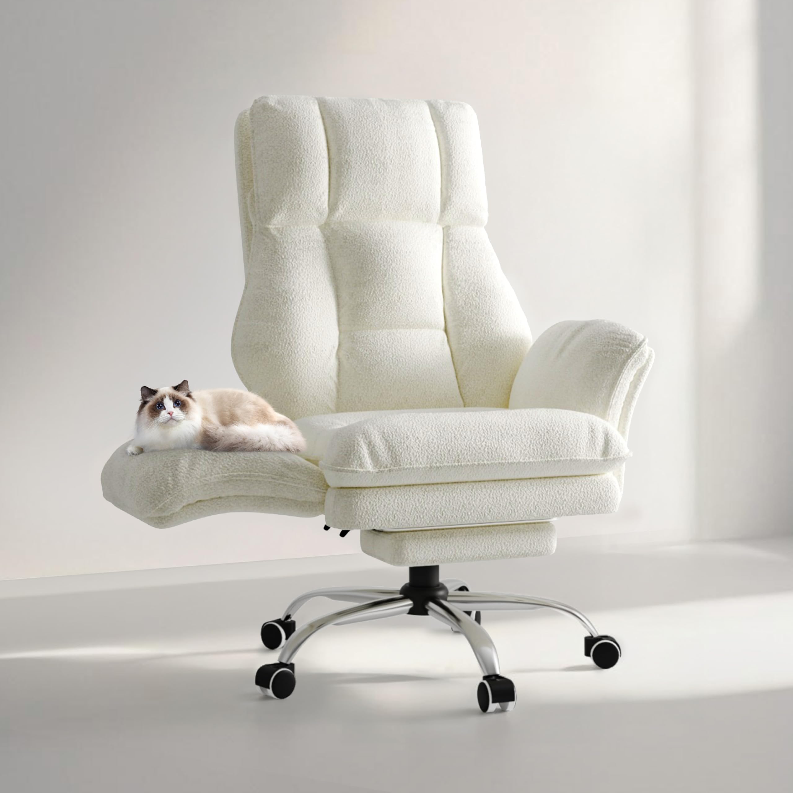 Silla de oficina grande y alta, reposabrazos abatibles para mascotas y patas cruzadas, silla ergonómica ejecutiva para juegos de computadora con reposapiés, asiento ancho de forro polar de peluche