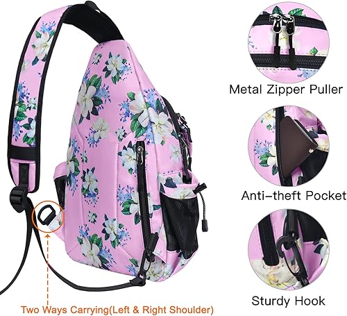 Miniatura 6 de MOSISO Paquete de 2 mochilas cruzadas con diseño de flor de mirto, bolsa de pecho con bolsillo antirrobo, gris espacial y rosa