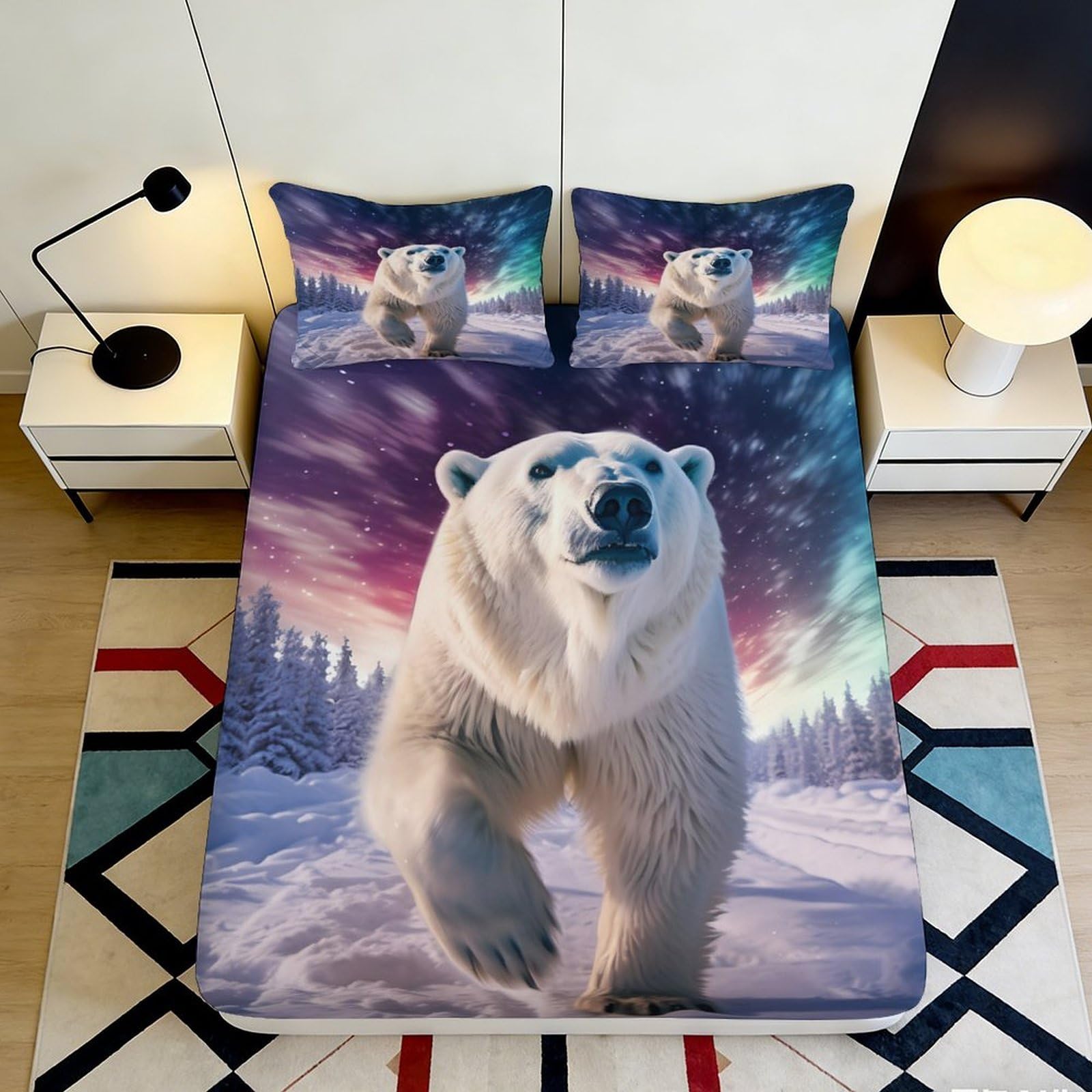 3D Printed Polar Aurora Fitted Sheet Microfiber Soft Breathable Winter Bear Mattress Cover for Bedroom Dorm Decor 90x200x25cm