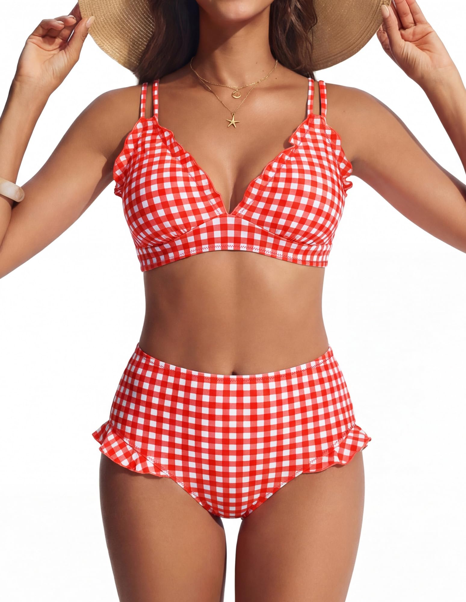 Hanna Nikole Conjunto de bikini para mujer, bonitos volantes, cuello en V sexy, efecto push-up, parte inferior de cintura alta, tirantes dobles para los hombros