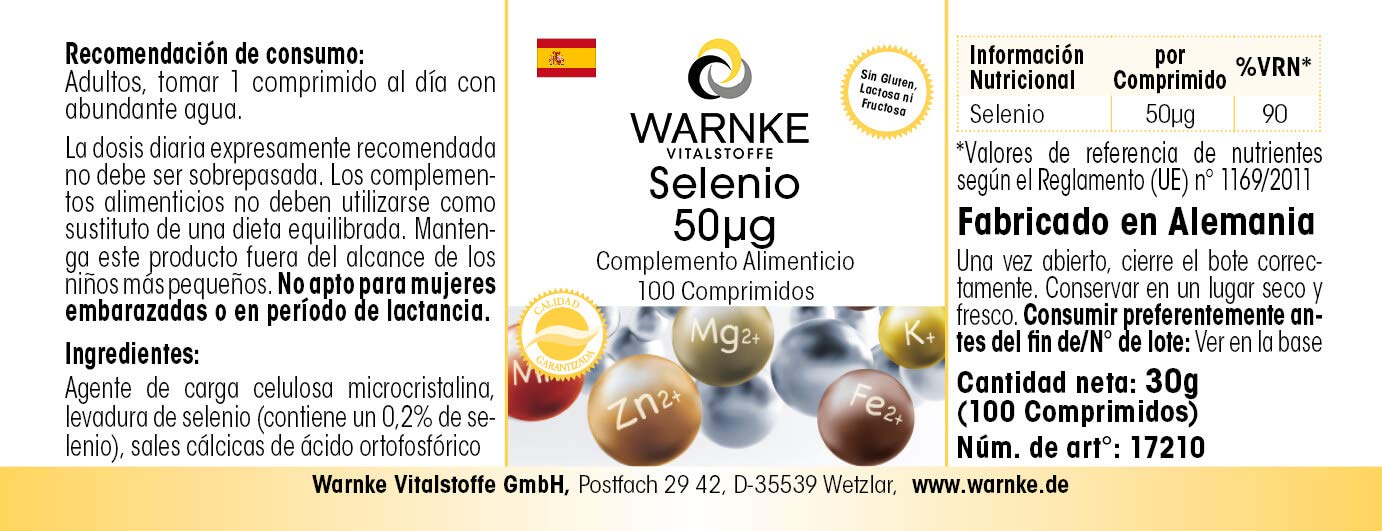 Selenio 50 mcg - 100 compresse - Antiossidante | Warnke Vitalstoffe - Qualità da farmacia tedesca