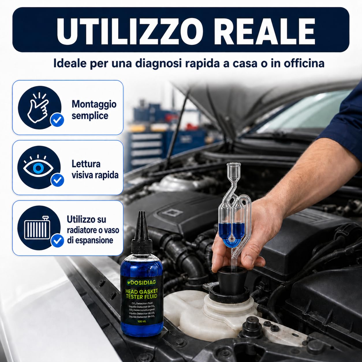 Tester per Guarnizione Testa Cilindrica – Fino a 50 Test – Rilevatore di Perdite CO₂ per Motore a Benzina e Diesel – Kit Universale con Liquido Reattivo Blu – Diagnostica Rapida e Affidabile