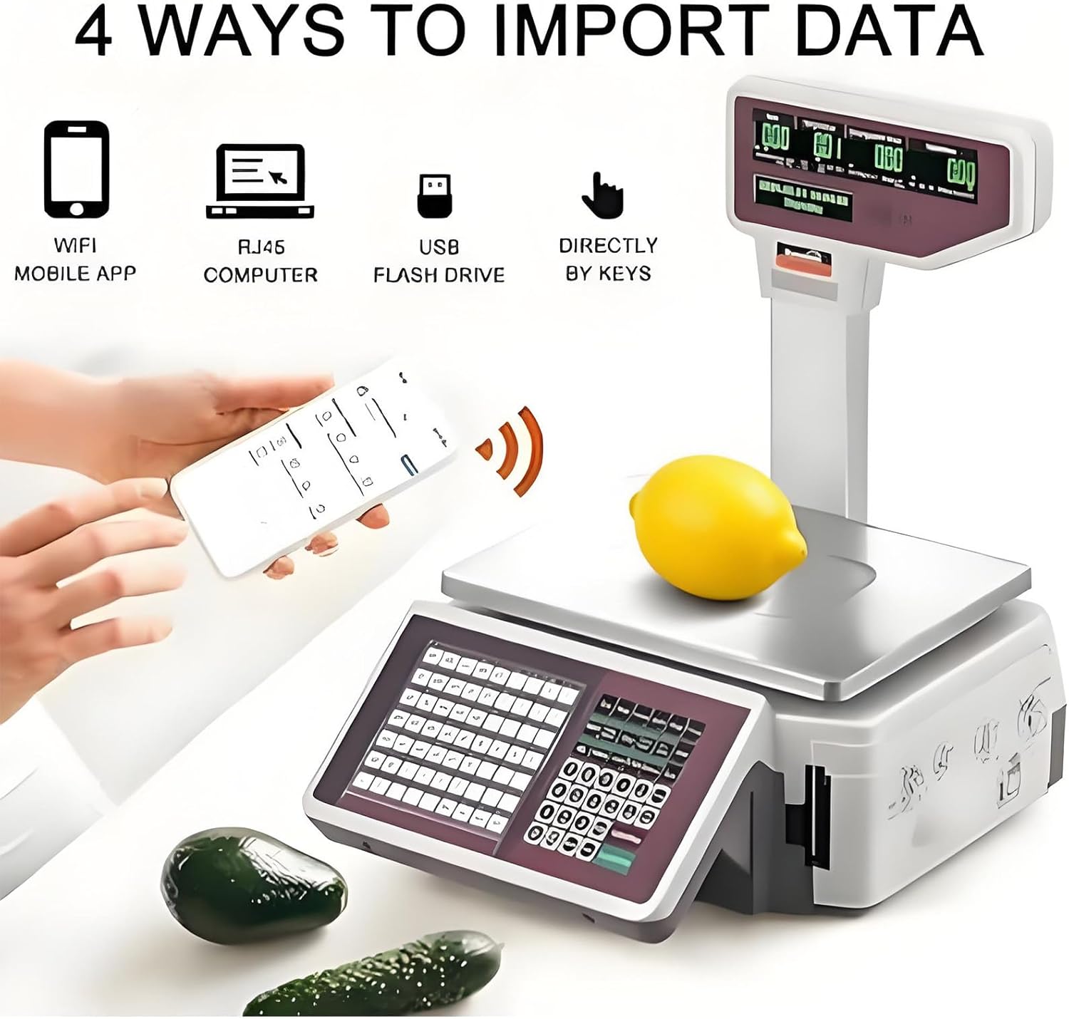Digital Price Computing Label Printing Scale 66lb,Barcode Weighing Scale with 63 Hotkeys,Double Display for Supermarket Warehouse Trading Device