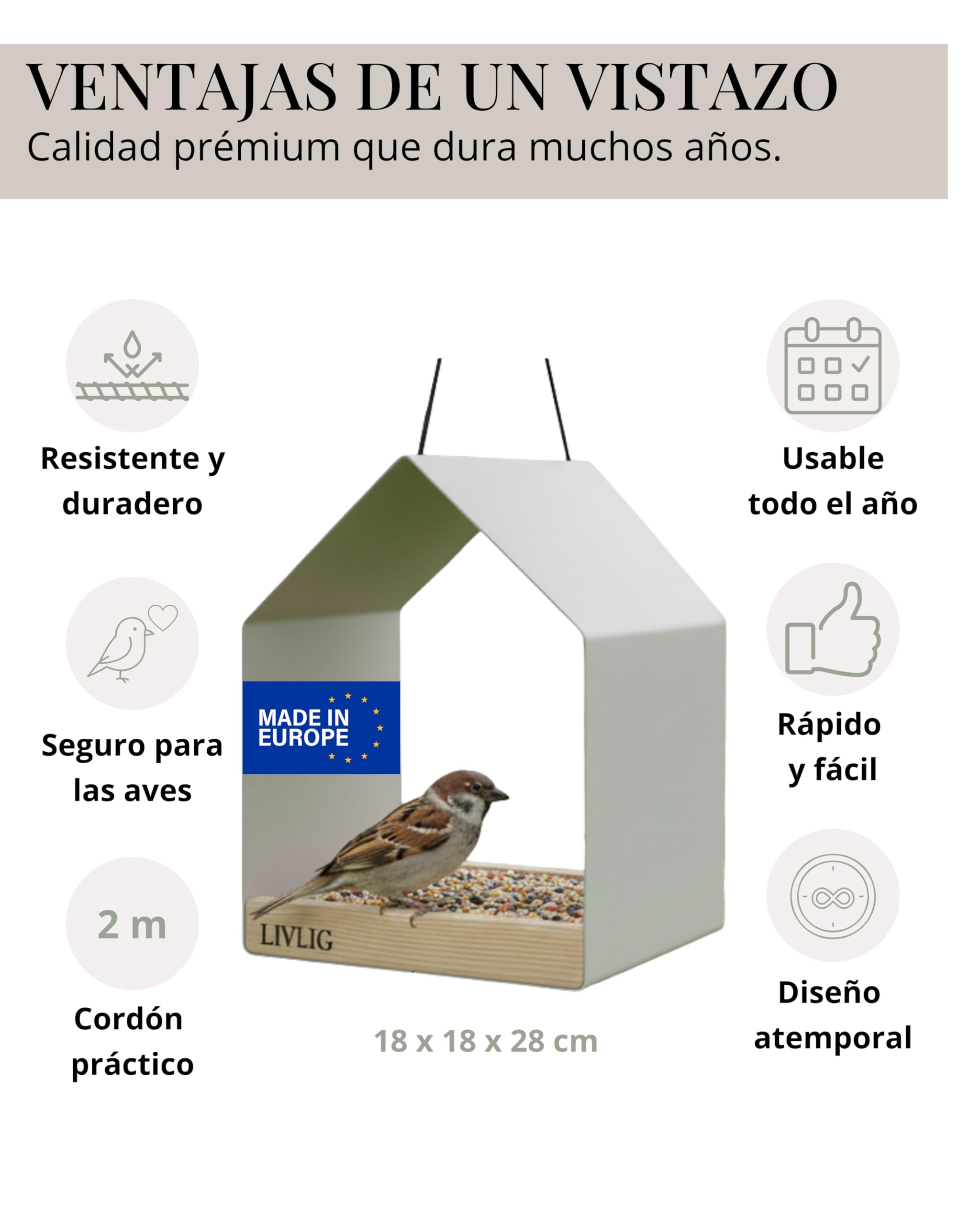 LIVLIG Pajarera de metal – Comedero para pájaros y bebedero para pájaros 2 en 1 para colgar, resistente a la intemperie para pájaros todo el año, balcón y jardín, diseño moderno, Greige