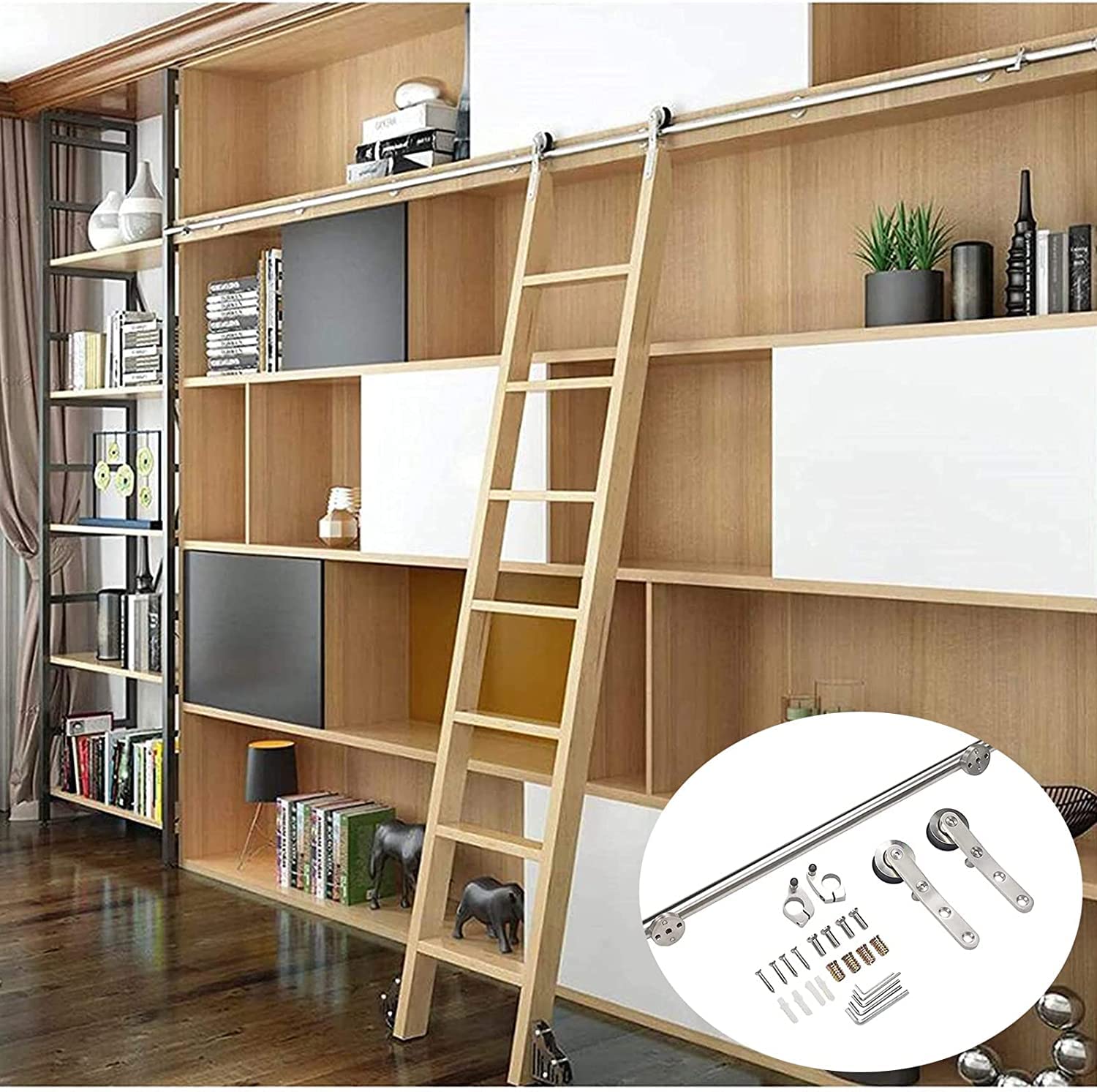 Kit quincaillerie pour échelle coulissante de bibliothèque avec rails et rouleaux de porte grange