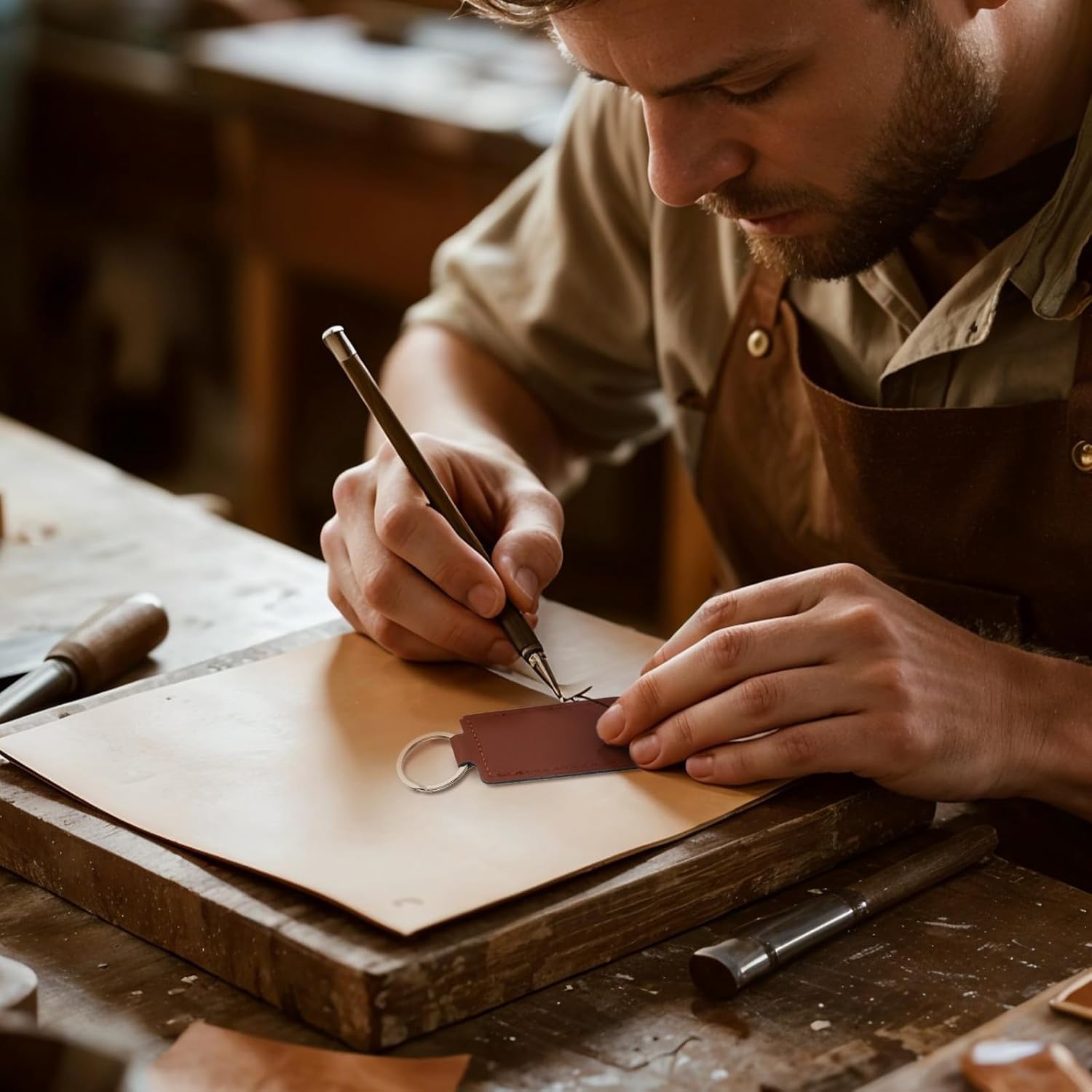 Leather Key Fob Kit PU Blanks with Rivets Key Ring Rectangular Leather Car Keychain Laser Engraving Keychain - Image 6