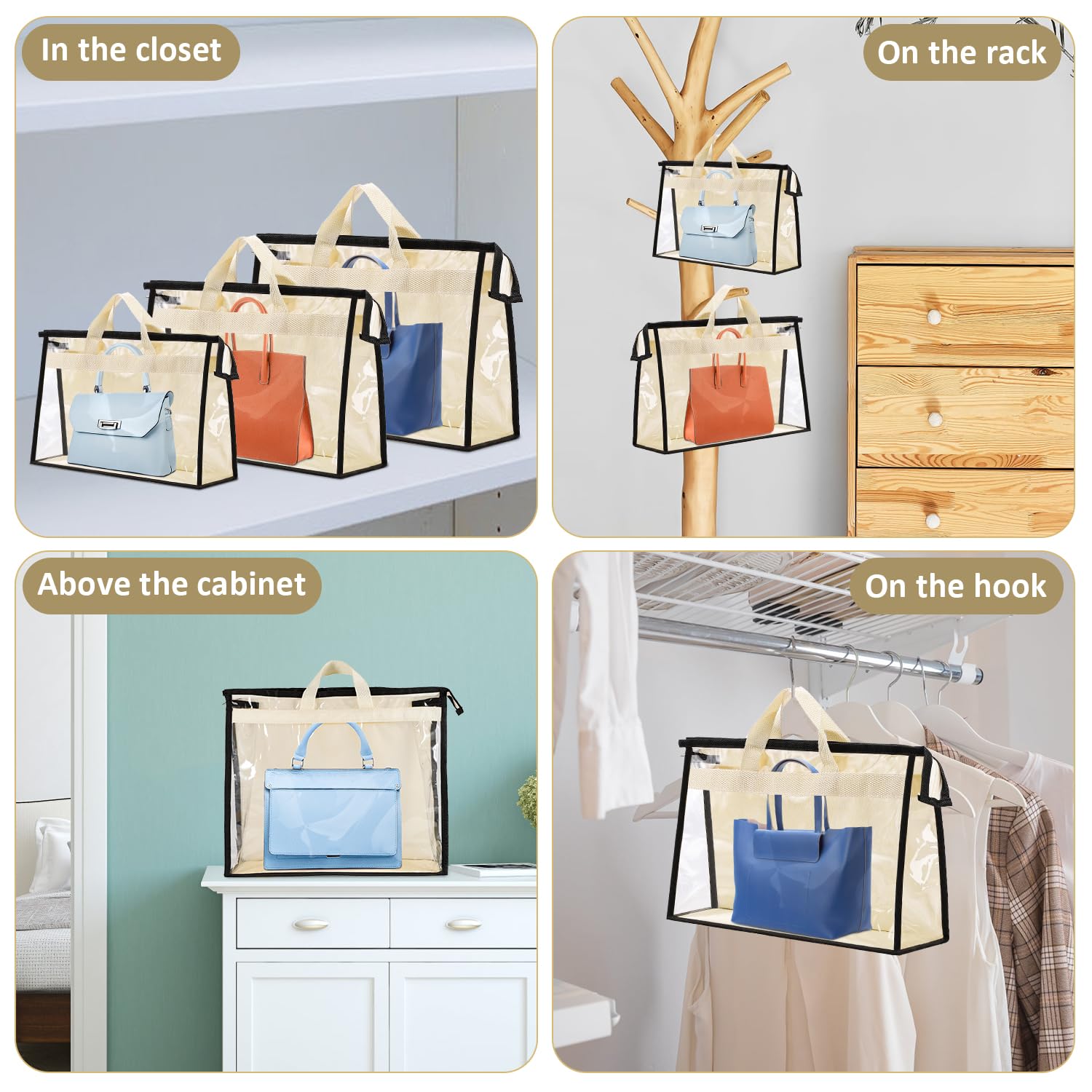 15 bolsas de polvo para bolsos, bolsa de almacenamiento protectora de bolso, organizador de armario colgante con asa de cremallera, organizador de almacenamiento transparente para armario, 3